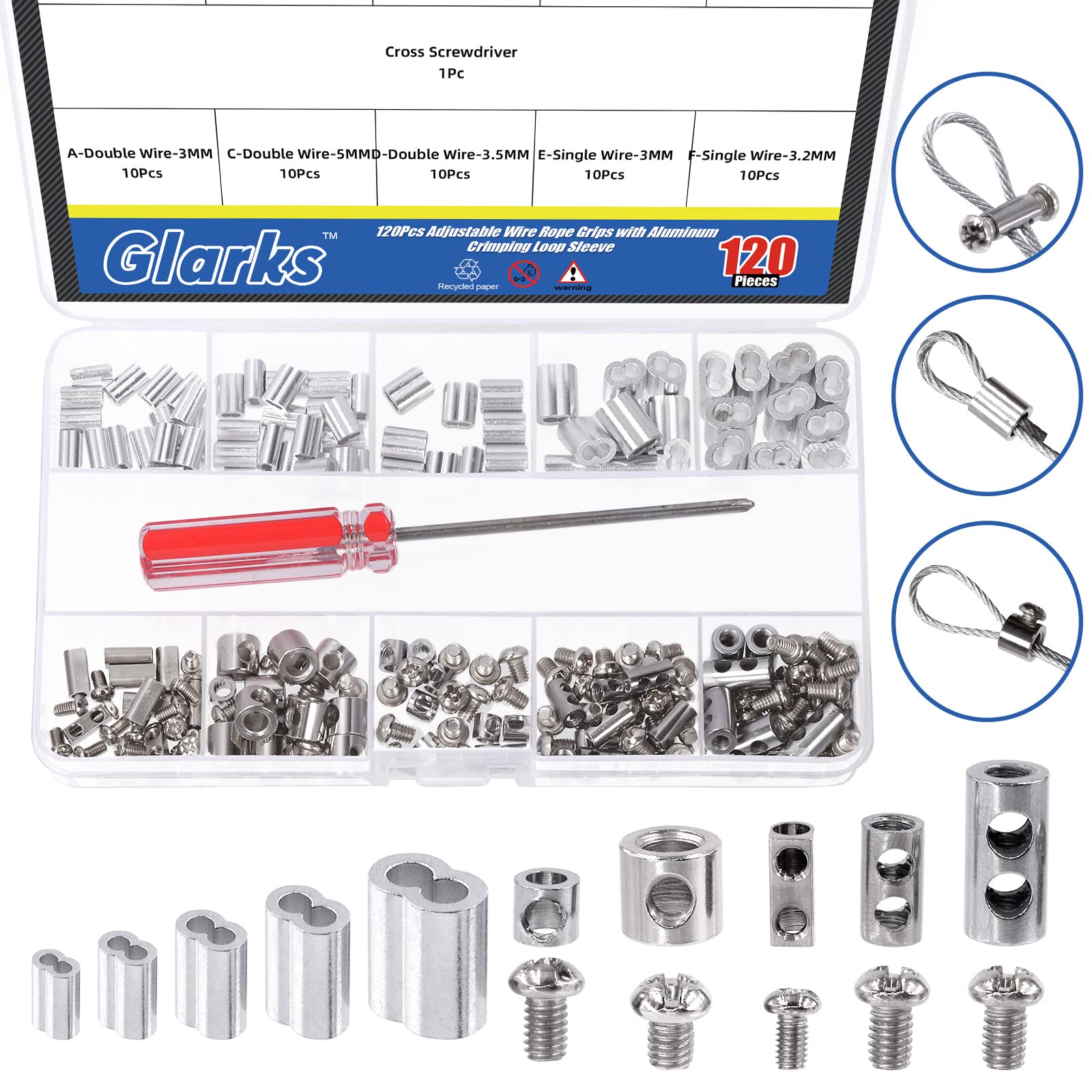 Glarks 121Pcs Stainless Steel Wire Rope Clip Clamp and Aluminum Crimping Loop Sleeve Assortment Kit, Single/Double Hole Wire Rope Lock Clip with End Screw Stopper, Cable Sleeve, Phillips Screwdriver