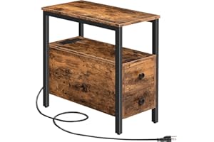HOOBRO End Table with Charging Station, Narrow Side Table with 2 Drawer & USB Ports & Power Outlets, Nightstand for Small Spaces, for Living Room, Bedroom, Rustic Brown and Black BF541BZ01
