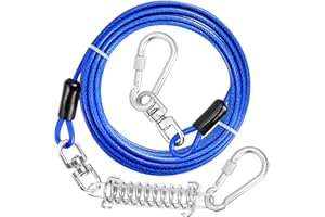 jenico Dog Tie Out Cable, 10/15/20/30/40/50/70/100/150FT Dog Runner Cable with Swivel Hook and Shock Spring, Dog Leash Run Tether for Yard Outdoor and Camping,for Small to Medium Pets Up to 500 LBS