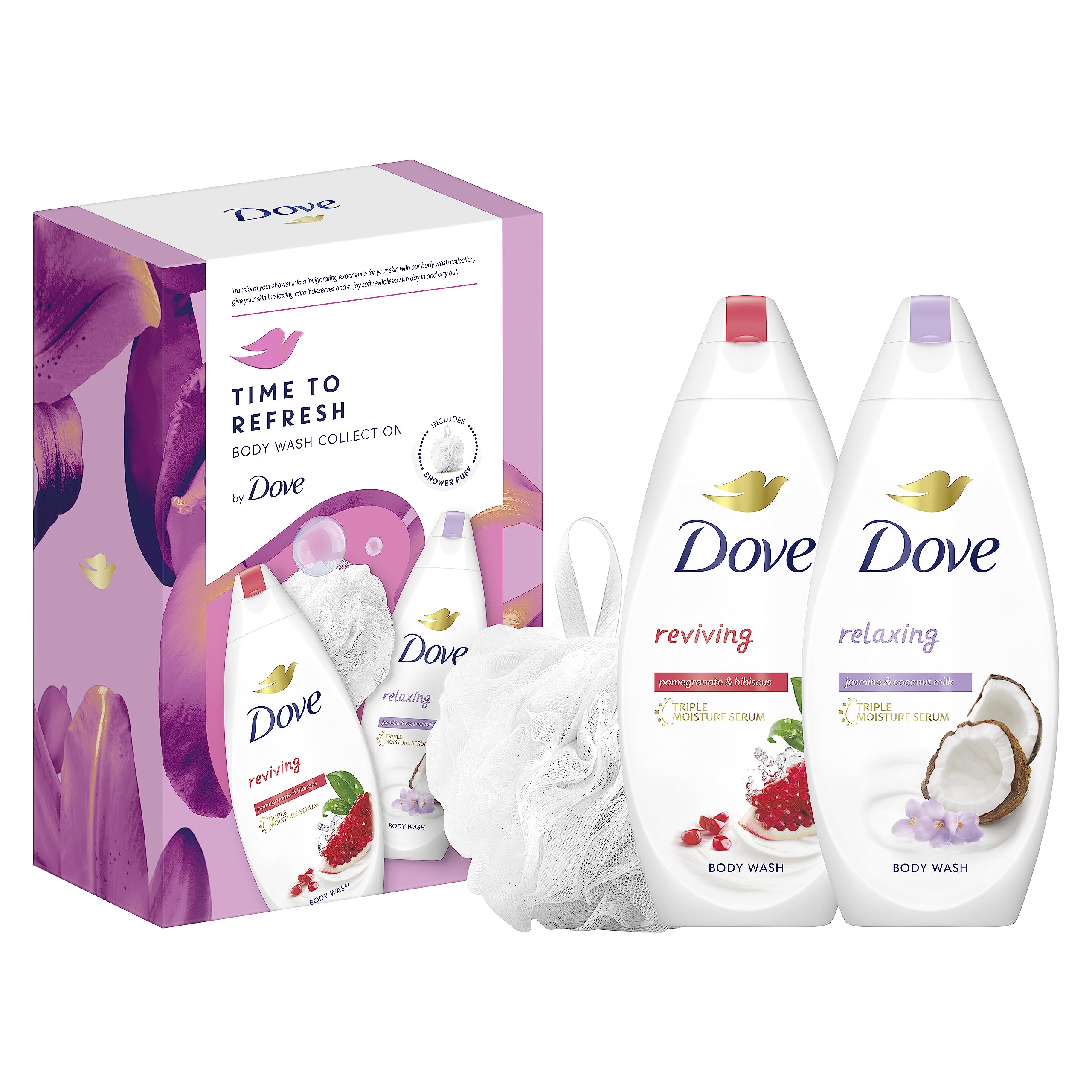 Dove Time to Refresh Body Wash Collection Gift Set with a luxury shower puff perfect gifts for her 2 piece