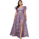 MIMIFINA Women's Plus Size V Neck Ruffled Sleeve Embroidered Lace Maxi Dress with High Slit Formal Evening Gown for Weddings