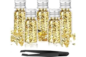 PEOVLVN 5 Bottles Gold Flakes, Gold Leaf Cake Decoration Gold Leaf Sheets for Cooking Dessert Baking Gold Foil Chocolates Decor Gold Flakes for Nails Art Crafts Makeup