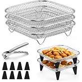 P&amp;P CHEF 7.72'' Square Air Fryer Rack Set of 3, Air Fryer Basket for Oven | Stackable Stainless Steel Air Fryer Accessories for Roasting, With Anti-scalding Clip &amp; Silicone Feet, Oven &amp; Dishwasher Safe