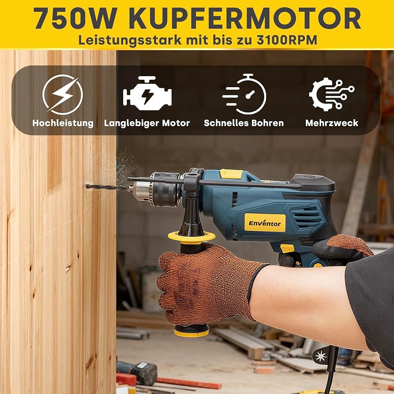 750W Bohrmaschine, mit 9 ​​Stück Bohren, 360° Zusatzgriff