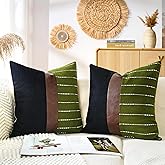 cygnus Decorative Pillow Covers 18x18,Black Linen and Striped Throw Pillow Covers with Dark Brown Faux Leather Accent,Boho Farmhouse Square Cushion for Couch Sofa Livingroom,Olive Green