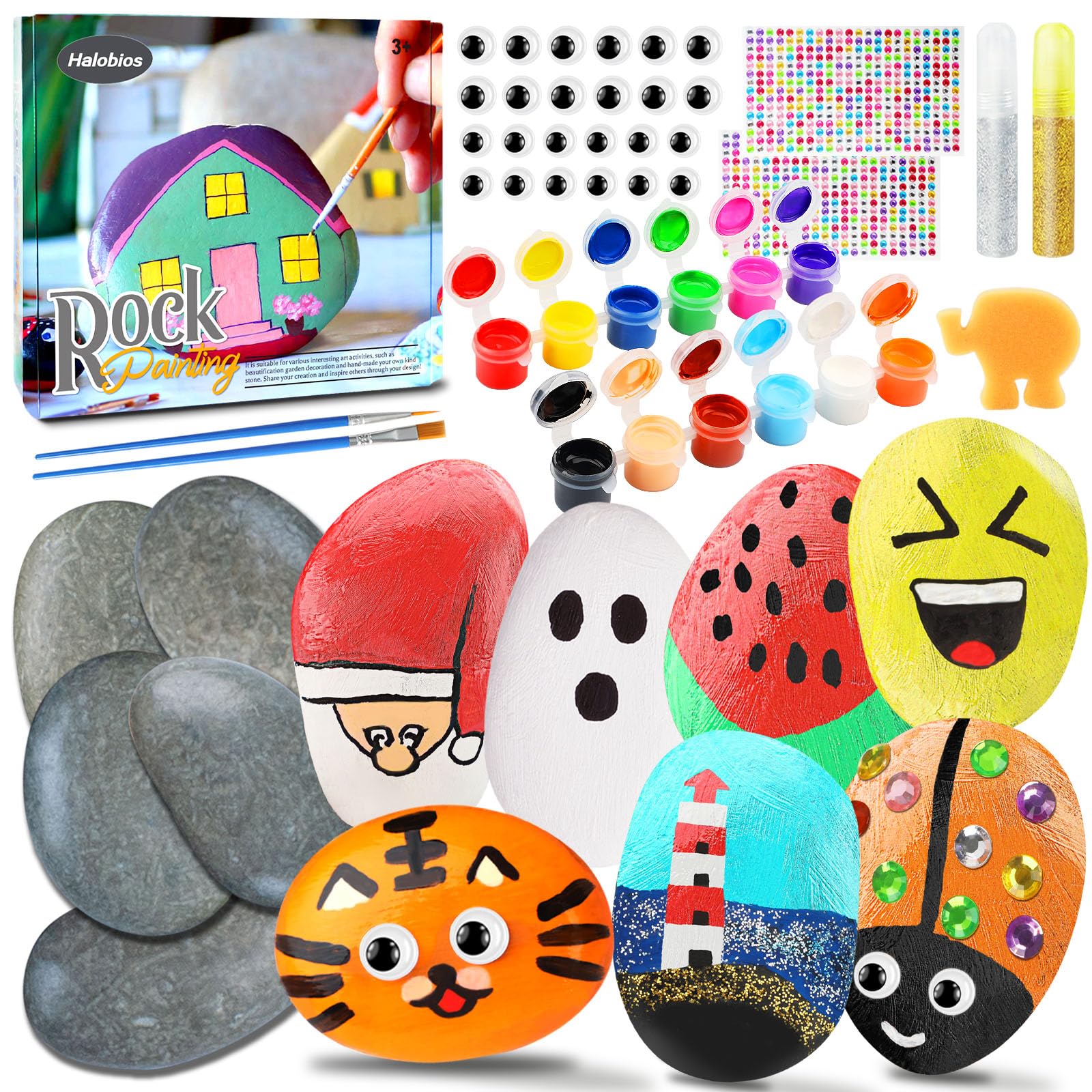 Halobios Rock Painting Kit, Crafts Kits for Kids, 56 Pcs Arts and Crafts for Kid, 12 Stone Painting Kit, Kids Painting Set, Creative Toys & Gifts & Presents for Boys Girls Ages 3-12