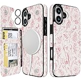 uCOLOR for iPhone 17 Wallet Case Magsafe with Card Holder Slot【Compatible with MagSafe】 Folio Flip PU Leather Double Magnetic RFID Design with Camera Lens Protector 6.3" (Nude Flowers)