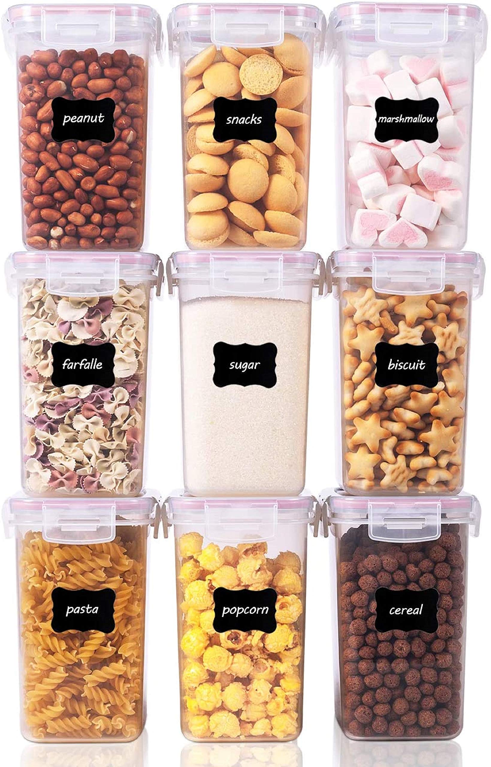 Vtopmart 1.6L Cereal Containers for Storage,Plastic BPA Kitchen Pantry Flour Storage,Dry Food Keepers,Set of 9 with 24 Labels (Pink)