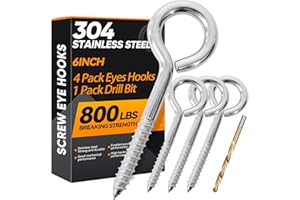 YAIRMIS 4Pcs 6 Inch Heavy Duty Screw Eyes Hooks, 304 Stainless Steel Self Tapping Eyelet Screw Eye Bolts,800LBS Breaking Strength, Screw in Eye Hooks for Wood Securing Cables Wire. (4, M10-6 Inch)