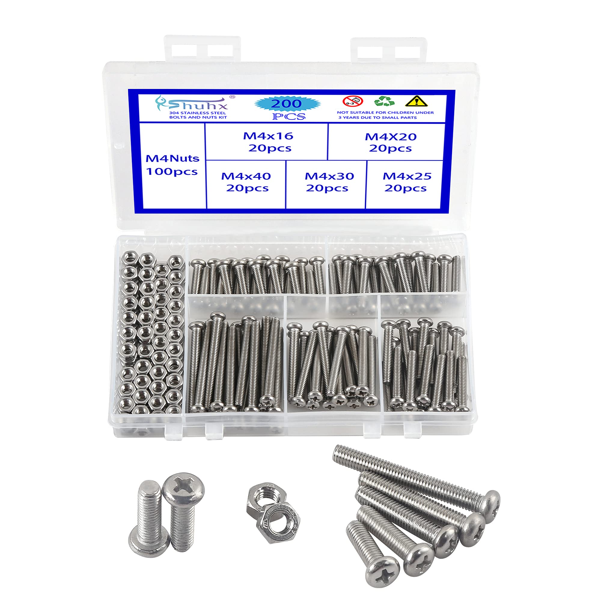Rshuhx 200PCS M4 Bolts and Nuts Machine Screw and Nut 304 Stainless Steel Cross Pan Head Machine Round Head Screws Assortment Kit for Machine Furniture Toy Electronic Products Repair Fastener — image 1