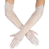 Xelsluthe Long Lace Gloves, Elbow Length Mesh Tulle Sheer Wedding Opera Party Costume Gloves for Wedding Engagement Cocktail Cosplay Masquerade White
