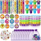 Silipull 110 Pieces Jesus Party Favors for Kids, Bible Verse Slap Bracelets Stickers Stampers Rubber Bracelets Gift Bags Button Pins for Christian Religious Inspirational Christmas Party Gifts