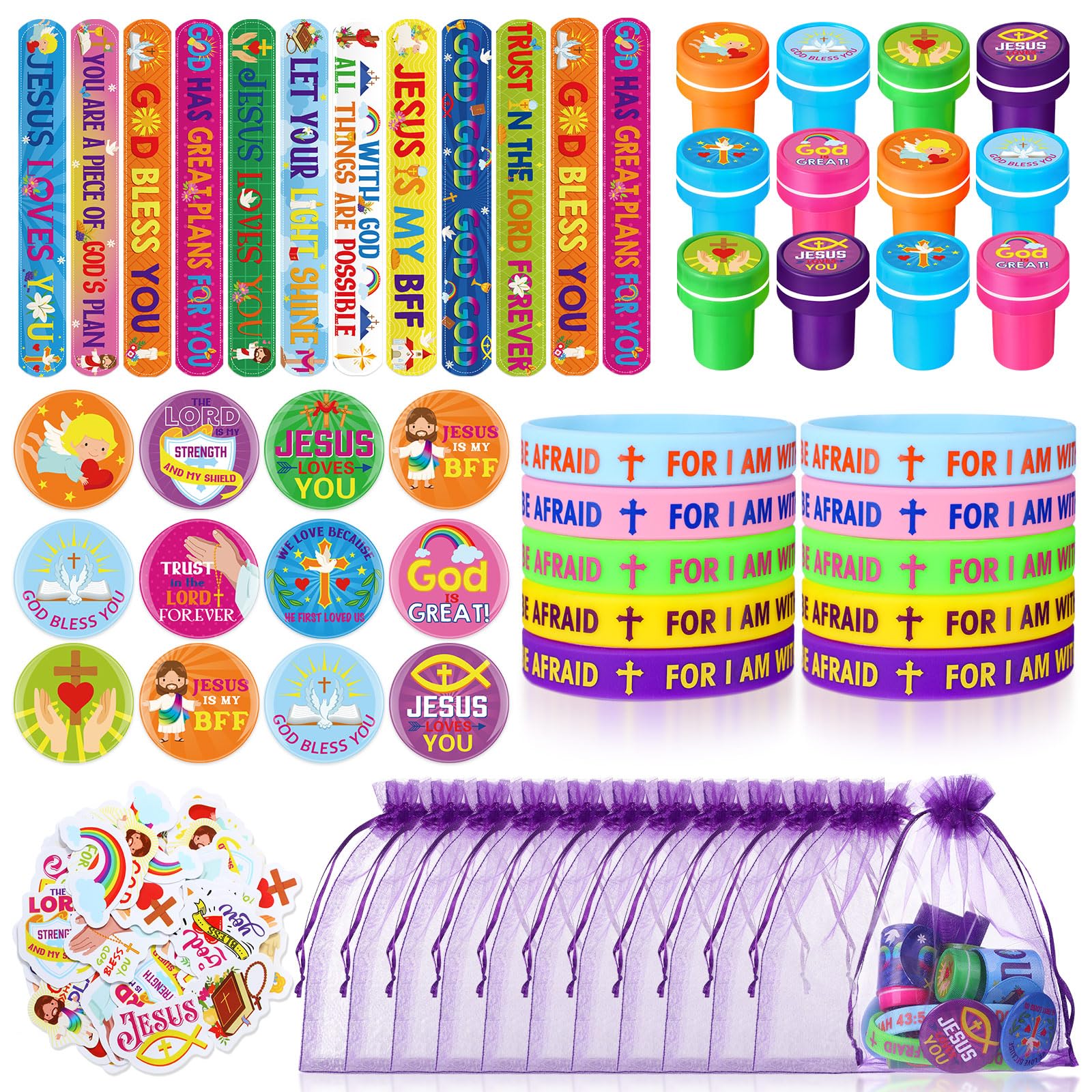 Photo 1 of Silipull 110 Pieces Christian Party Favors Set for Kids, Bible Verse Slap Bracelets Stickers Stampers Rubber Bracelets Gift Bags Button Pins for Religious Jesus Inspirational Christmas Party Gifts