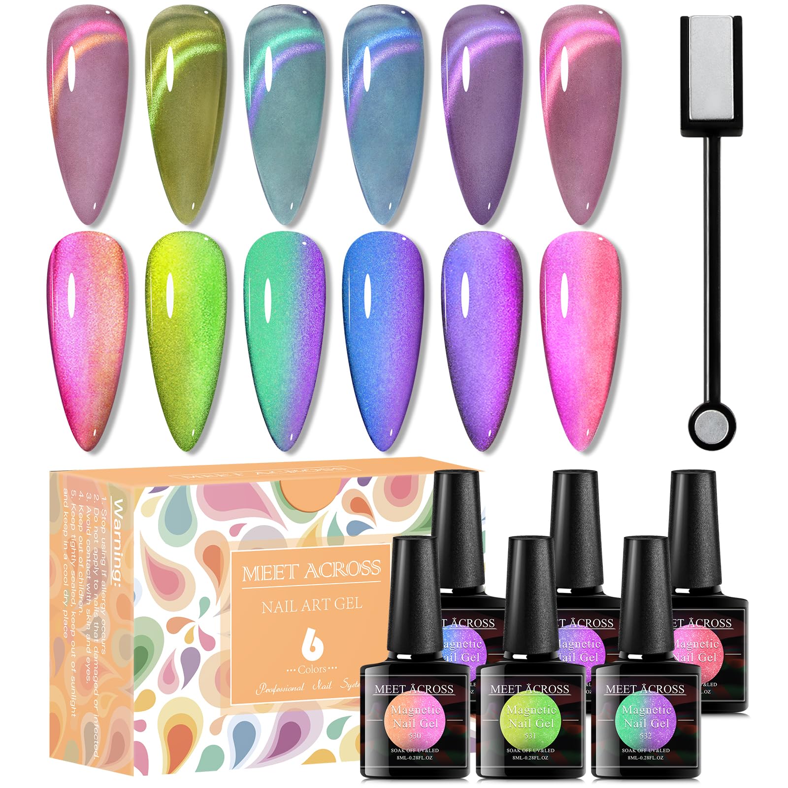 Photo 1 of MEET ACROSS Glass Cat Eye Gel Polish Set, Colorful Magnetic Nail Polish with Magnet, Transparent Nail Polish, Soak Off UV Cateye Gel Polish Kit for Home DIY Manicure Varnish Art Design