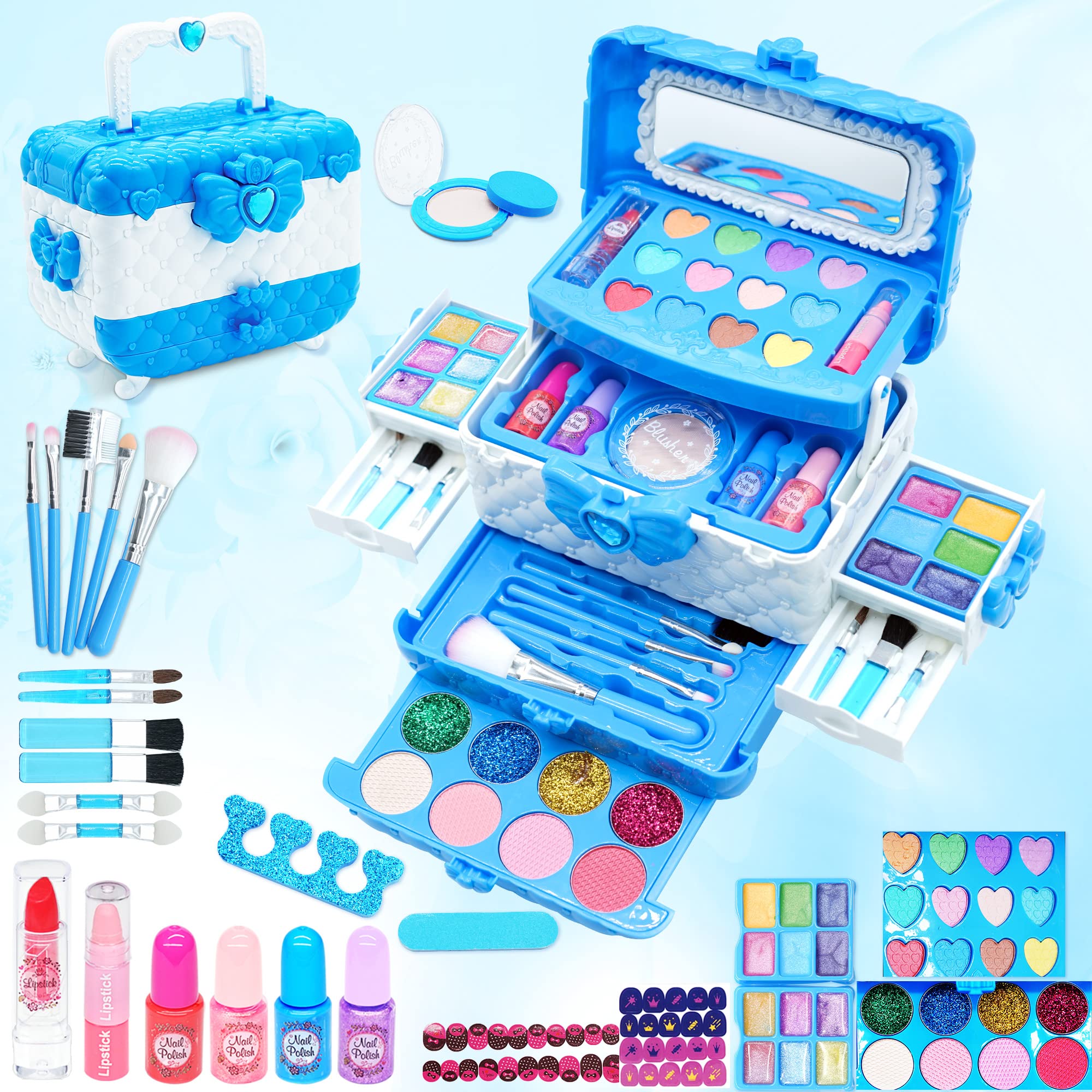 Kids Makeup Sets for Girls - Safe and Washable Kids Makeup, Real Make Up Set for Girls Children Toddler, Little Girl Play Games Toys Presents, Princess Birthday Gifts for 4 5 6 7 8 9 10 Year Old(Blue) — image 1