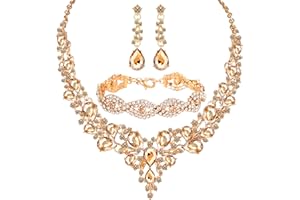 MIRACULOUS GARDEN 3/4 Pieces Women Jewelry Set Rhinestone Crystal Bride Statement Choker Necklace Tiara Crown Link Bangle Bracelet Teardrop Dangle Earrings Set for Wedding Party