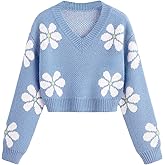 SHENHE Girl's Floral Print V Neck Long Sleeve Knitted Cropped Sweater Jumper Tops