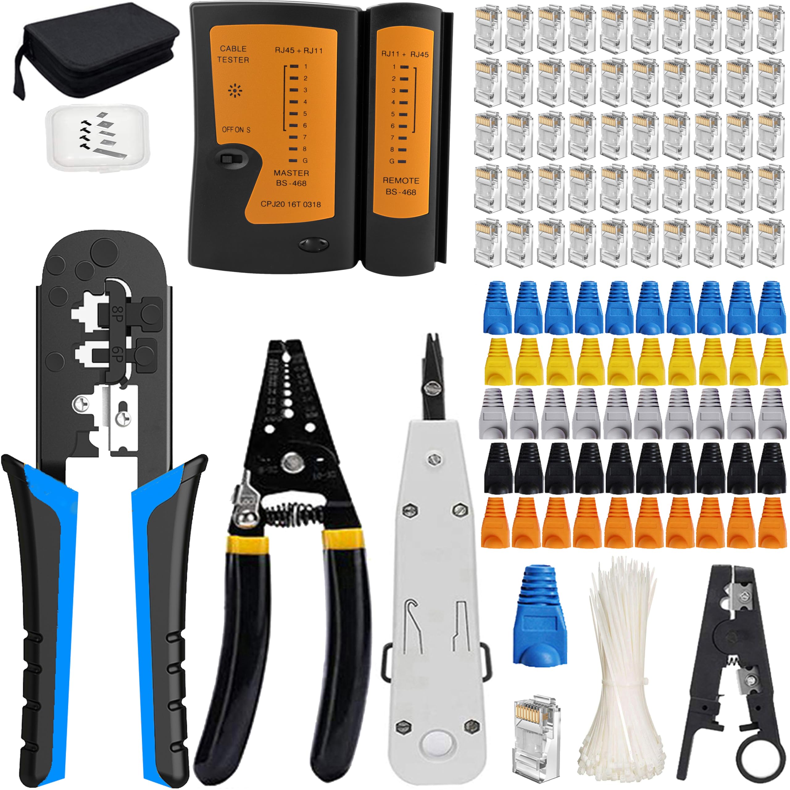 MAYLINE RJ45/CAT5/CAT6 Crimp Network Tool Kit Crimper Stripper 50pcs Connetors 50pcs Covers Ethernet LAN Cable Tester Cutter Set, Punch Down Cable Crimping Tool Set (Black)