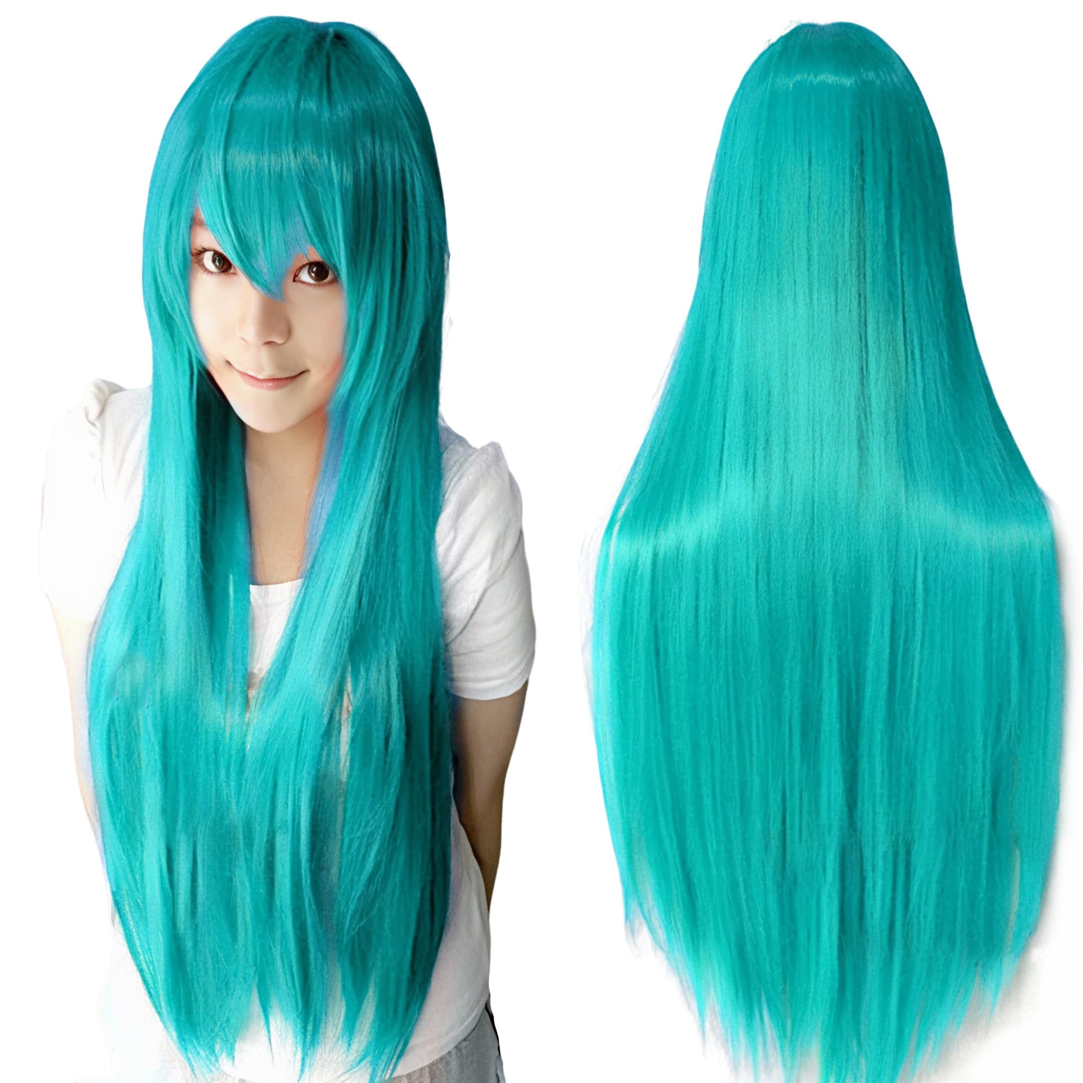 IMISSU 80cm Long Straight Natural Hair Cosplay Wigs with Bangs Colorful Halloween Costume Party Wig for Girl (Lake Blue)