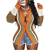 GORGLITTER Women's Colorblock Cardigan Sweater Cozy Lightweight Button Up Long Sleeve Striped Hollow Out Knit Top