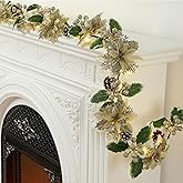 Syhood 6.5ft Prelit Poinsettia Flower Garland Valentine's Day Decor Artificial Lighted Garland Battery Operated Glitter Berries Leaves for Christmas Mantle Home Indoor Outdoor Decor(Champagne,1 Pcs)