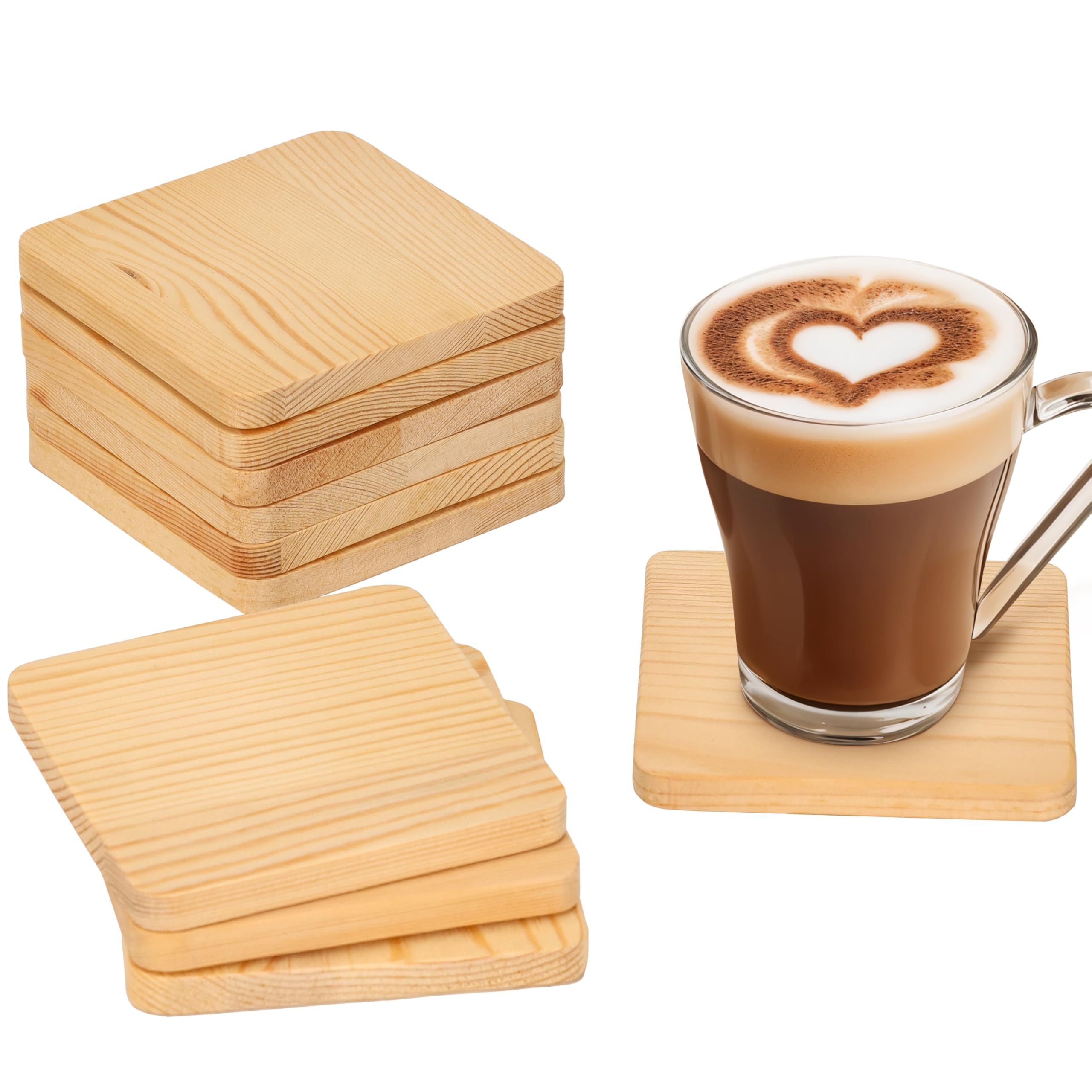 Belle Vous Unfinished Wood Square Coasters (12 Pack) - L9.3 x W9.3cm / 3.66 x 3.66 Inches - Blank Natural Wooden Squares with Non-Slip Foam Dots - DIY Tiles for Painting, Pyrography & Scrabble Letters
