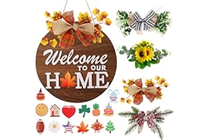 Interchangeable Welcome Sign for Front Door with 4 Seasonal Wreaths and 14 Changeable Icons, Farmhouse Front Door Wreath, Doo