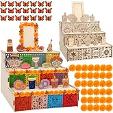 JULMELON Dia De Muertos Altar Kit, 3-Tier Wooden Day of the Dead Ofrenda | Unfinished Ofrenda Frame, 20 Marigold Paper Flowers, 20 Monarch Butterflies Dia De Los Muertos Altar Decor for Mexican