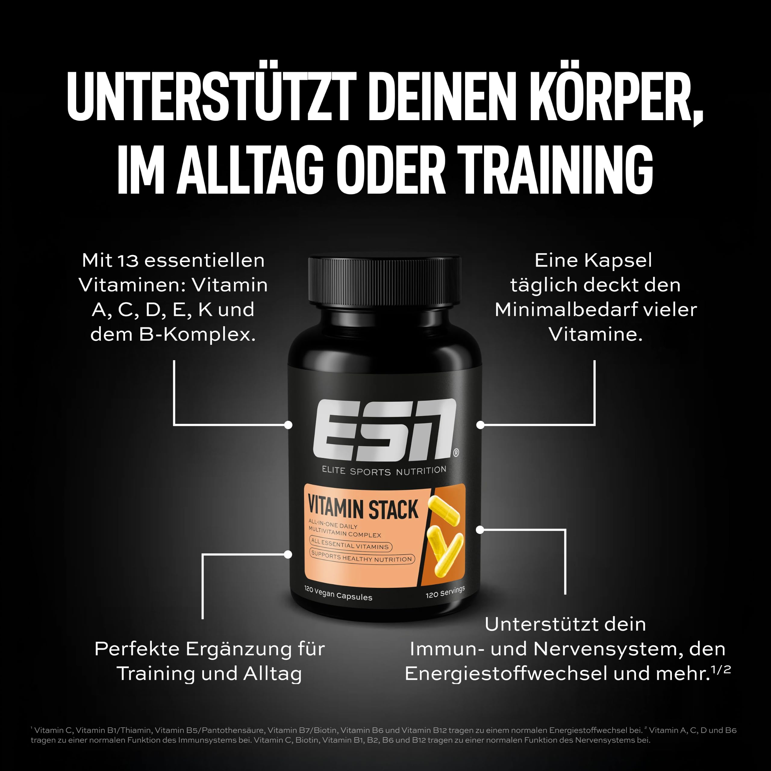 ESN Vitamin Stack - Multivitamin-Komplex mit 13 essentiellen Vitaminen - Vitamine A, C, D, E, K und Vitamin B-Komplex - 120 Kapseln, 120 Portionen 5