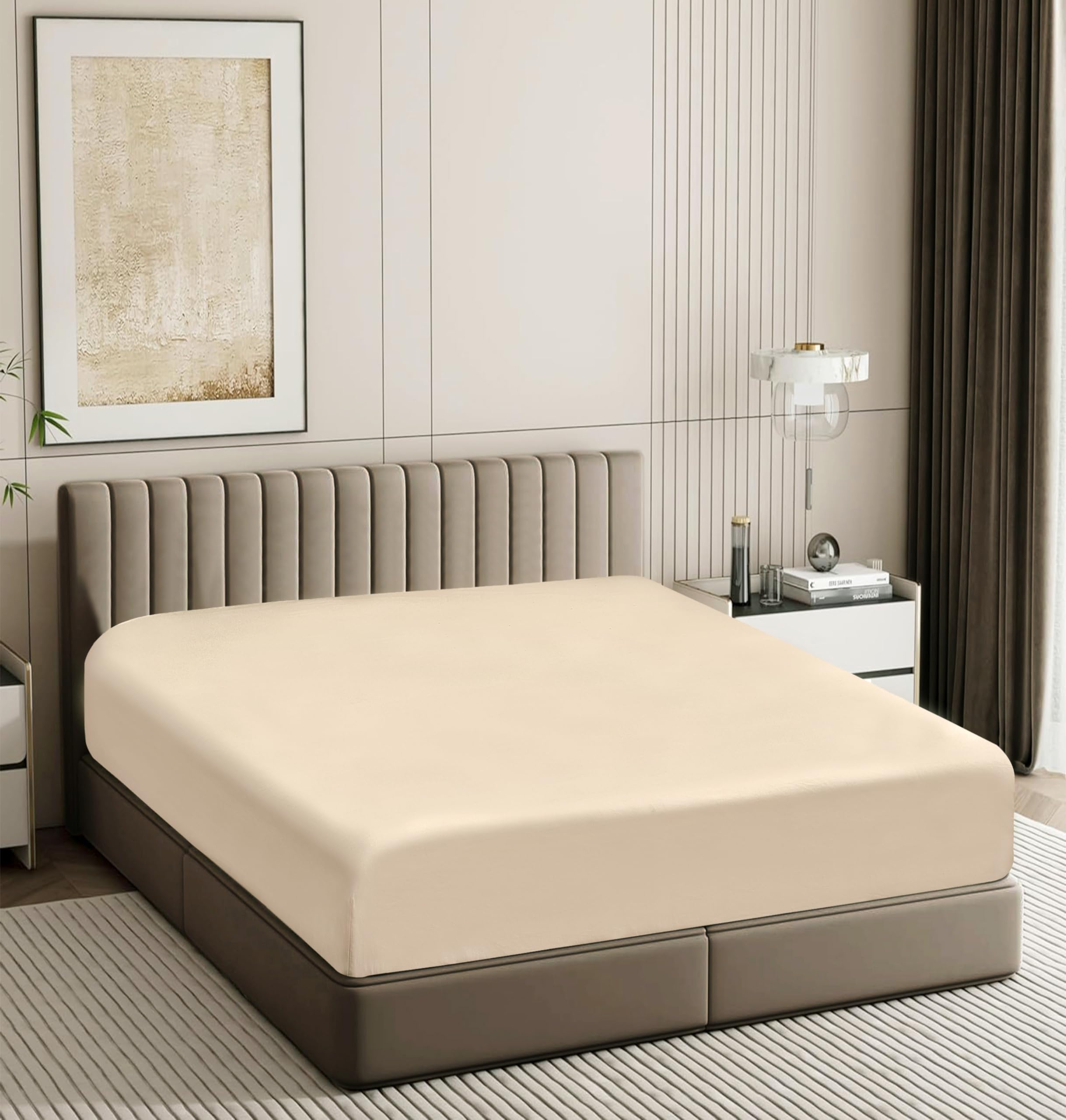 Photo 1 of 100% Egyptian Cotton Fitted Sheet Queen Size Only, 600 Thread Count, 8"-16" Deep Pocket Sateen Weave Bottom Sheet, Soft Breathable Hotel Quality, Foot Side Indicator (Queen, Beige)