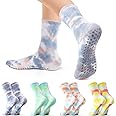 Jspupifip 4 Pairs Women Tie Dye Yoga Socks with Grips Non Slip Grip Crew Socks Colorful Grippy Socks for Pilates Barre Home