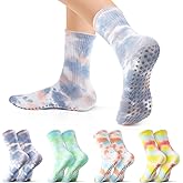 Jspupifip 4 Pairs Women Tie Dye Yoga Socks with Grips Non Slip Grip Crew Socks Colorful Grippy Socks for Pilates Barre Home