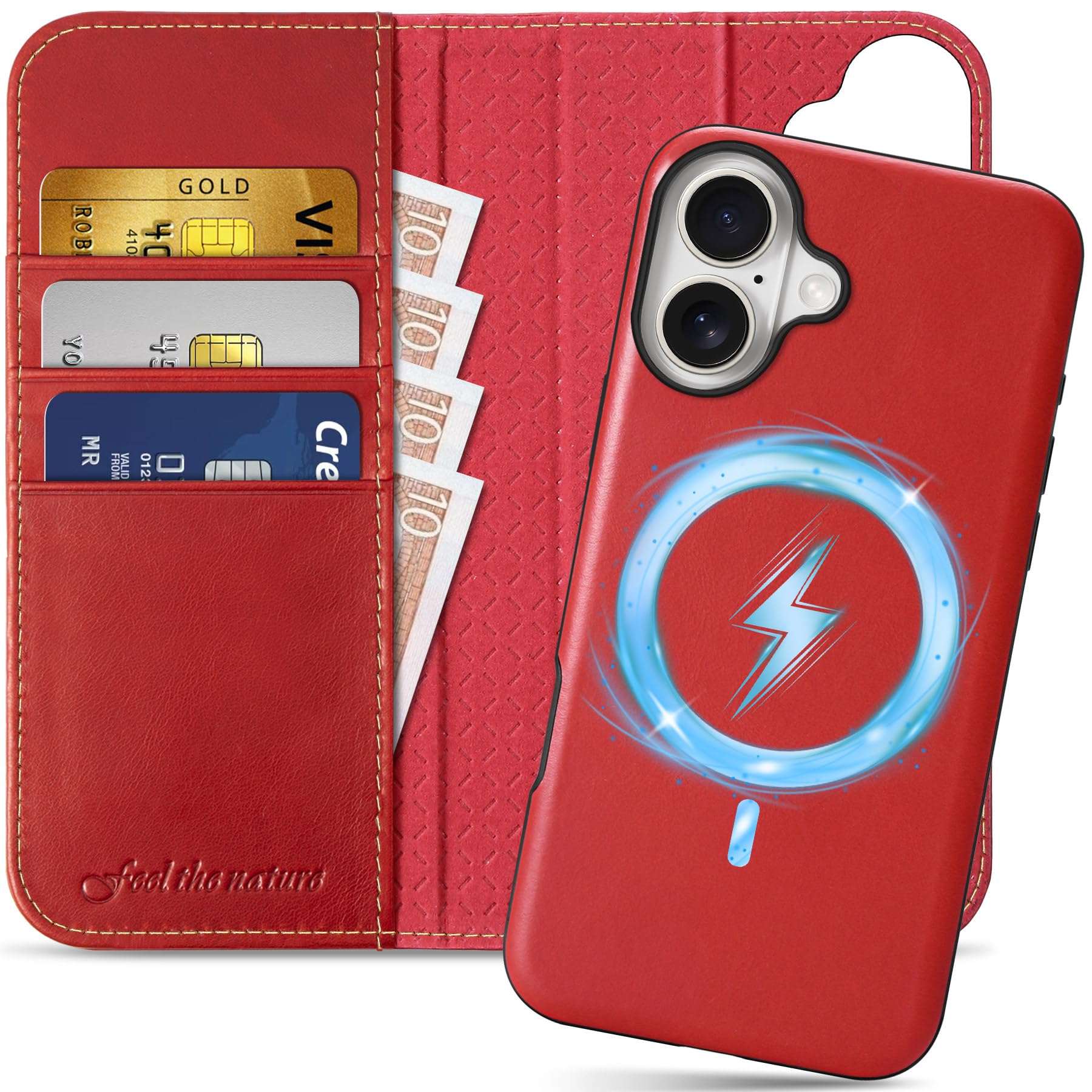 SHIELDON Wallet Case for iPhone 16 Plus 6.7", Genuine Leather Detachable Magnetic Case with Card Holder [RFID Blocking][Kickstand] Shockproof Folding Cover Compatible with iPhone 16 Plus - Retro Red