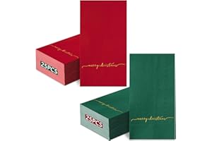 Hunanyume 50Pcs Christmas Guest Napkins, Gold Foil Red Green Merry Christmas Paper Napkins Disposable Xmas Guest Hand Towels for Winter Holiday Party Supplies Bathroom Table Xmas Decor (3Ply)