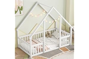 Bellemave Twin Floor Bed for Kids, Girls, Boys, Wood House Bed Frame, House Floor Bed for Kids, Twin Size Montessori Floor Bed with Fence, Playhouse, White