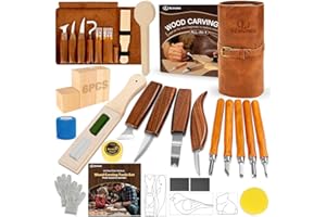 K KERNOWO Wood Carving Kit, 32Pcs Wood Carving Tools with PU Storage Bag, Wood Whittling Knife Kit with 4pcs Templates & 11pcs Wood Carving Knives for Wood DIY Beginners