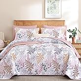 WONGS BEDDING Botanical Quilt Set Queen Size,Pink Quilt with Colorful Leaves Pattern, 3 Pieces Soft Lightweight Microfiber Coverlet Set with 2 Pillowcases for All Season (96"x90")