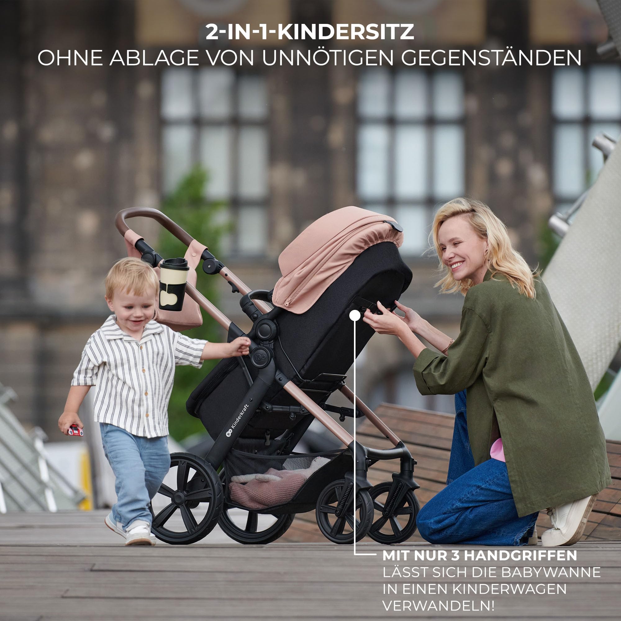 Kinderkraft MOOV 2 Kinderwagen 3 in 1 Kinderwagenset bis 22 kg mit Kindersitz I-SIZE 40-75 cm, Buggy Funktion, Liegeposition verstellbar, Große ausziehbare Verdeck, Eva-Schaum-Räder, Beige 3