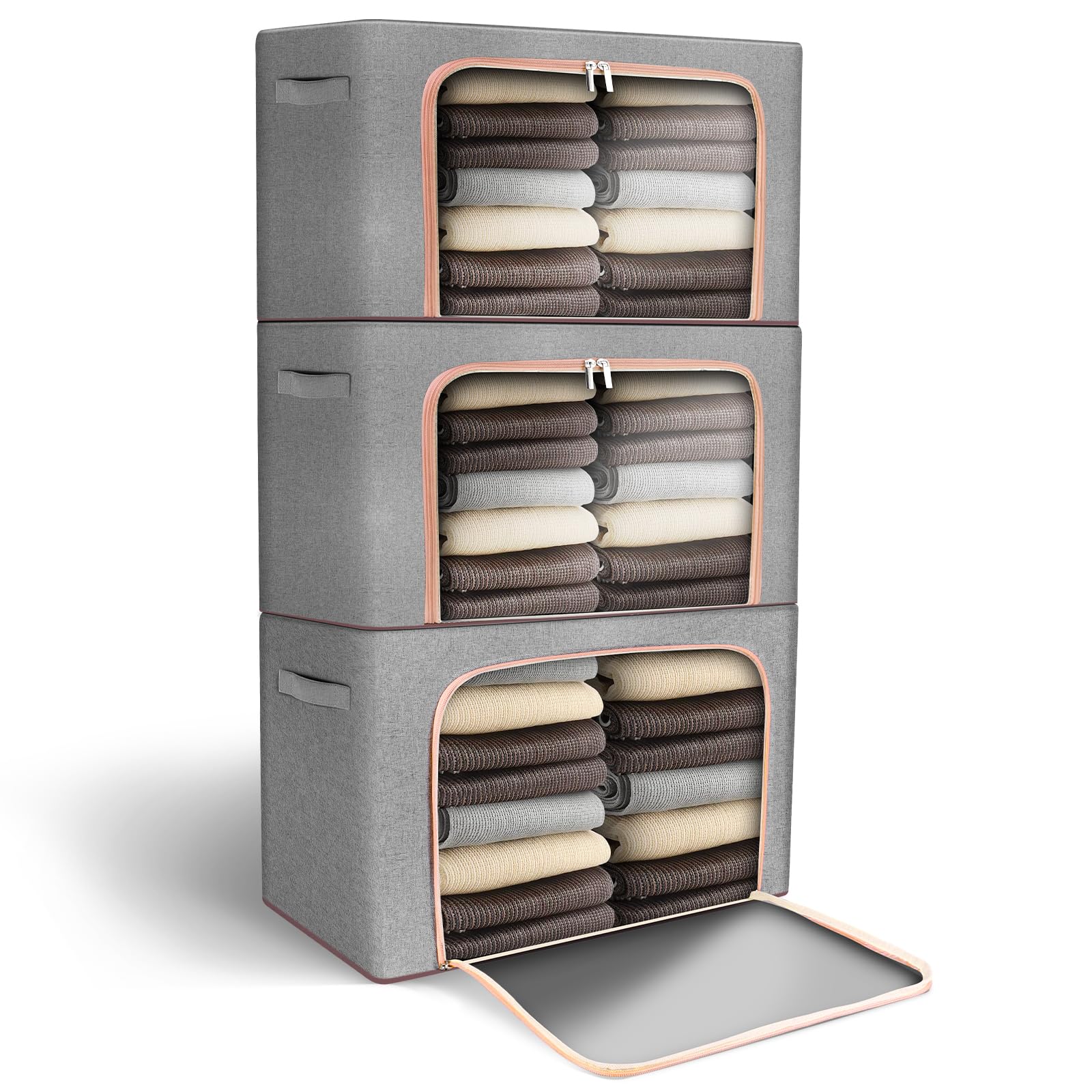 3 Pack Clothes Storage Bags - 24L Large Capacity Clothing & Wardrobe Storage Bags with Zip and Lid, Thick Oxford Fabric Stacking Storage Boxes Clothes Storage for Duvet Baby Clothes (3pcs, 24L)