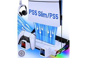 EXTREMECOOL PS5 Wall Mount Kit with Cooling Station & Controller Charging Station for Playsation 5 Slim/PS5, PS5 Accessories Incl. 3 Levels Turbofan, RGB, USB Port, Headset Holder, PS5 Stand for PS5 Disc/Digital
