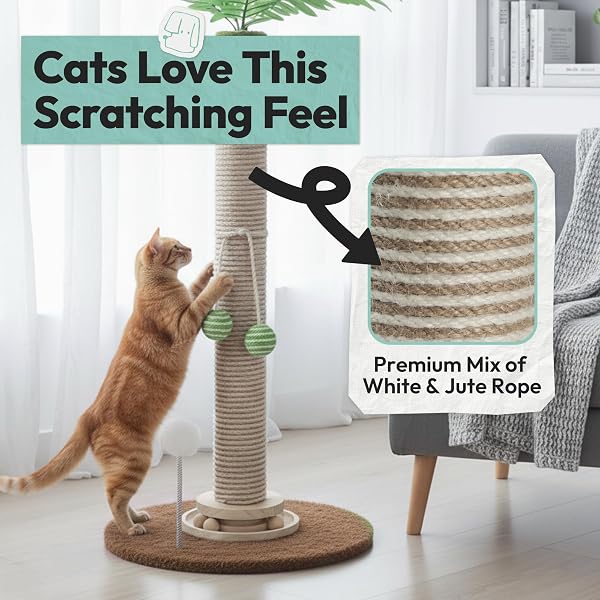 POMESEA CAT SCRATCHING POST 34 INCH WITH ROTATING TURNTABLE AND REMOVABLE HANGING BALL, CAT SCRATCHER FOR INDOOR CATS, ULTRA STABLE BASE, PAW-FRIENDLY JUTE MATERIAL, BROWN BASE