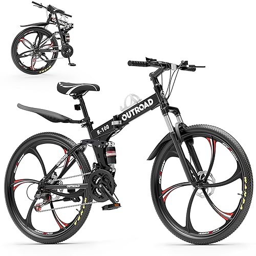 Outroad 26 Inch Folding Mountain Bike, 21 Speed Full Suspension