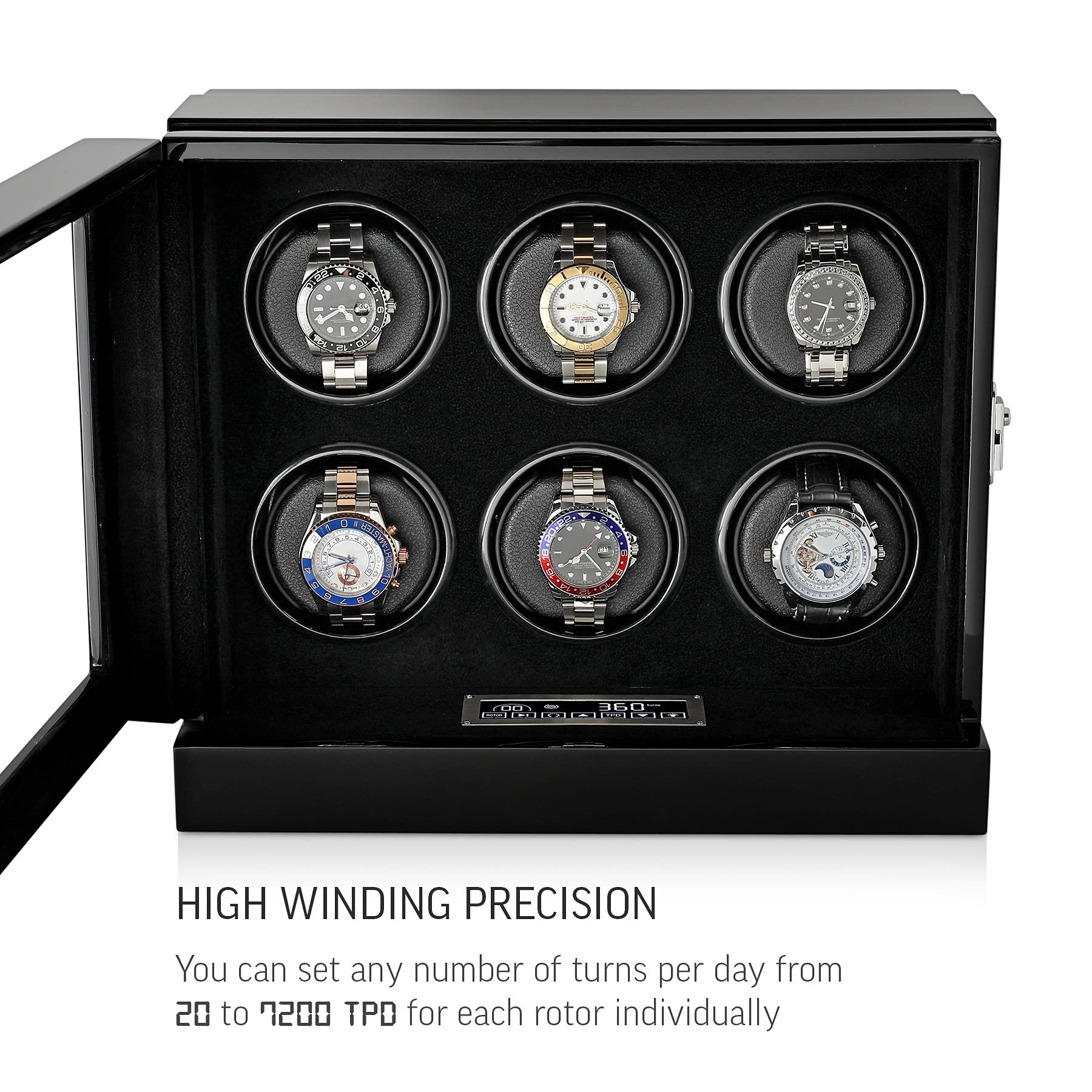 Watch Winder for 6 Watches with Customisable Winding Mode and LED Backlight (Black)