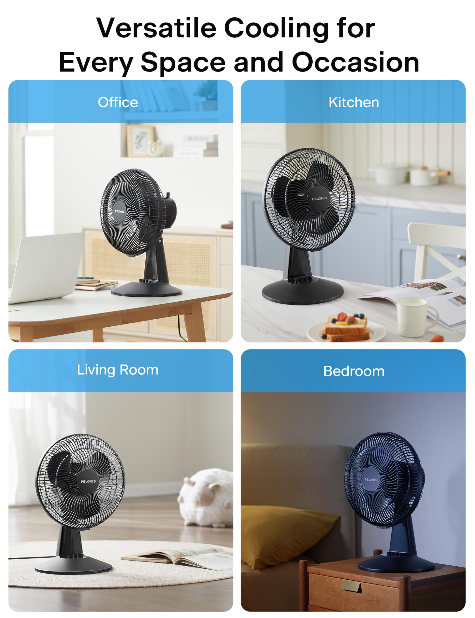 PELONIS Table Fan 12-Inch, 120° Oscillating Table Fan Small Portable Electric Plug-In Desk Fan with 3-Speeds, 126° Adjustable Tilt Head for Bedroom and Office Black