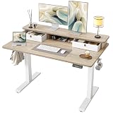 TIQLAB Standing Desk with Two Drawers, Stand Up Standing Desk Adjustable Height, Electric Sit Stand Table with Storage Shelf and Splice Board, 48 * 24 inch, Maple