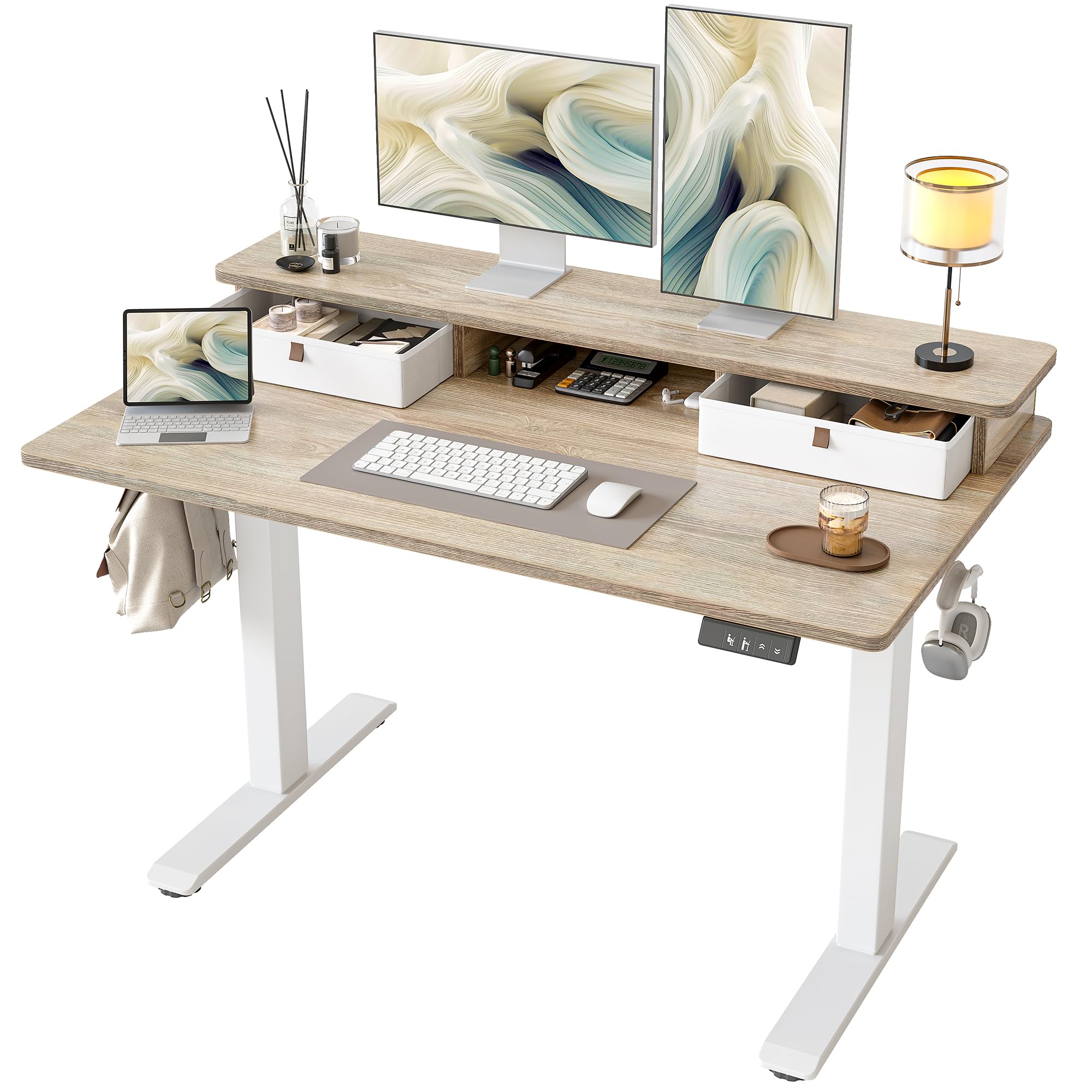Photo 1 of ***PARTS ONLY**TIQLAB 48 * 24 Inch Standing Desk with Two Drawers, Stand Up Standing Desk Adjustable Height, Electric Sit Stand Table with Storage Shelf and Splice Board, Maple
