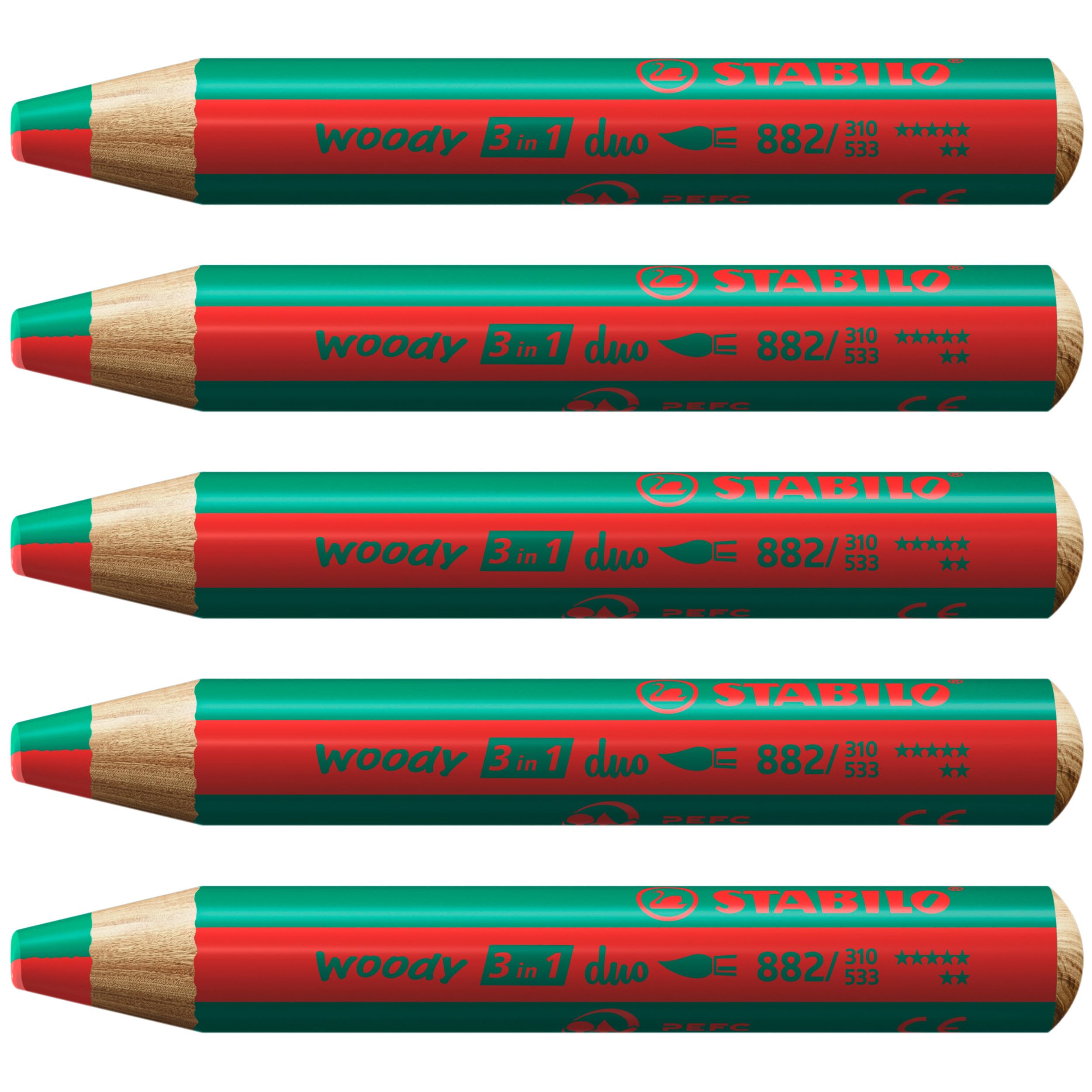 STABILO woody 3-in-1 duo - Multi-Talented Pencil - Pack of 5 - STABILOred/Dark Green