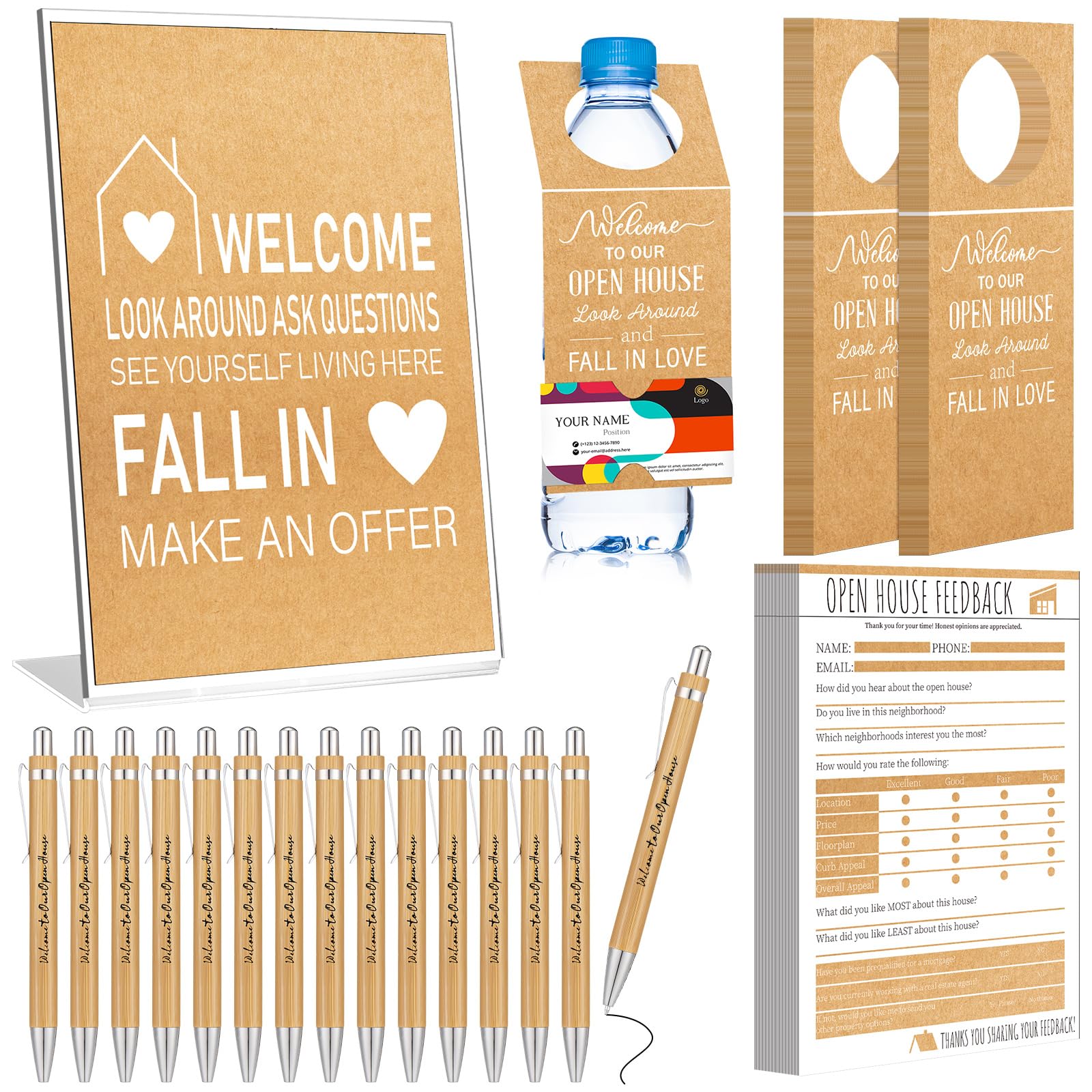 Photo 1 of (PARTIAL SET) Eersida 151 Pcs Open House Supplies Include 1 Open House Signs for Real Estate 50 Water Bottle Name Tag 50 Real Estate Feedback Notepad Sign 50 Retractable Ballpoint Pens(Brown White)