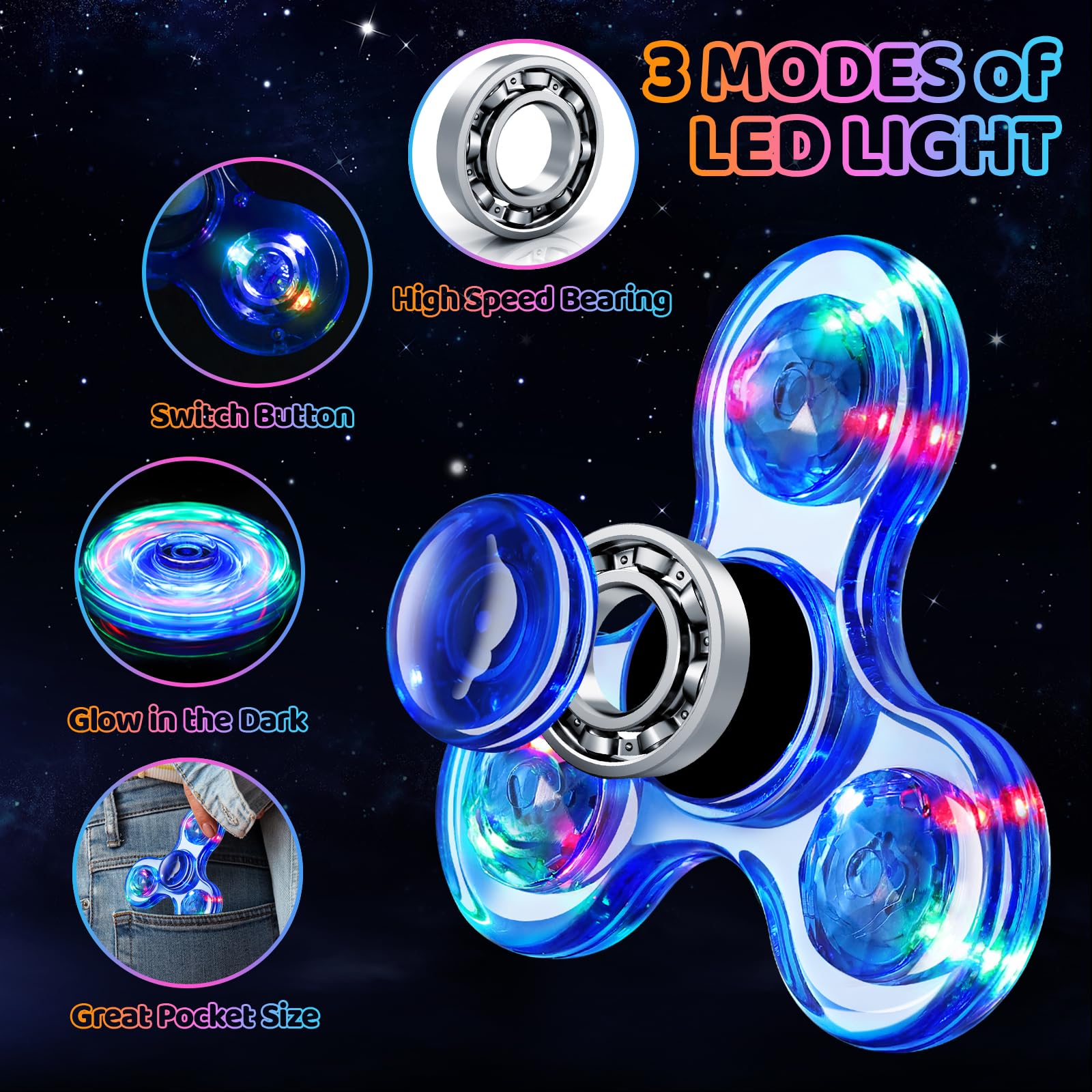 Fidget Spinner for Kids 2 Pack, Light up Sensory Fidget Toys Adults Kids 4-8-12 with Autism ADHD, Anxiety Toys Stress Relief Teen Boy Gifts, Glow in The Dark Party Favors Fidgets Classroom Prizes