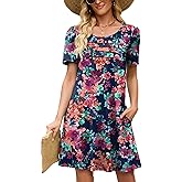 Heymoments Women's Short Sleeve Crewneck Sundress Summer Casual A-Line Beach Dress with Pockets S-2XL